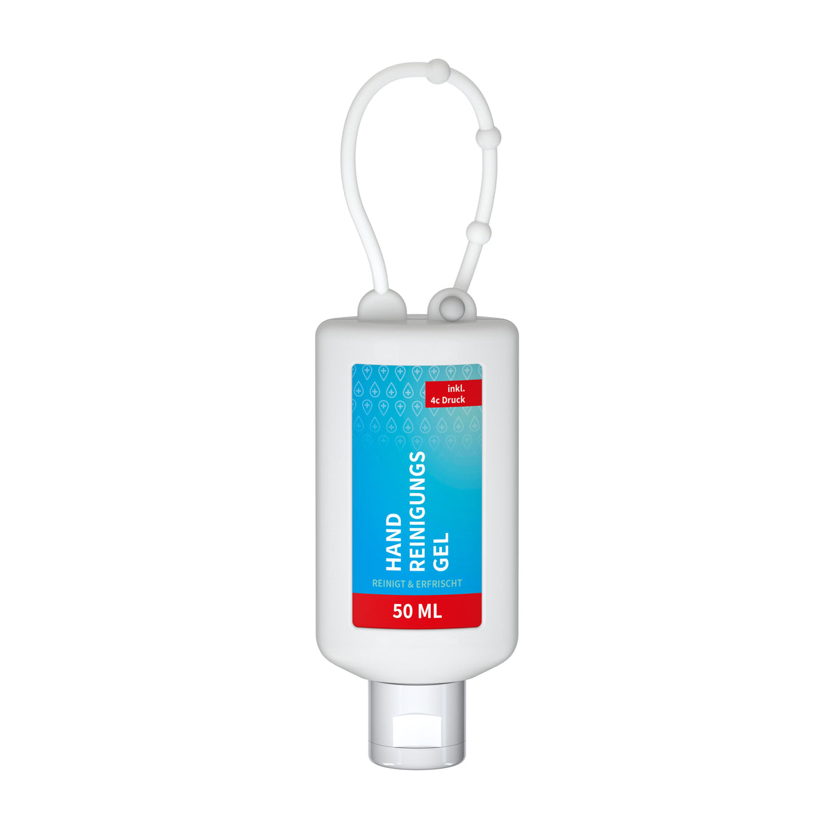 Handreinigungsgel 50 ml Flasche mit Silikonhülle zum Anhängen – Weiß
