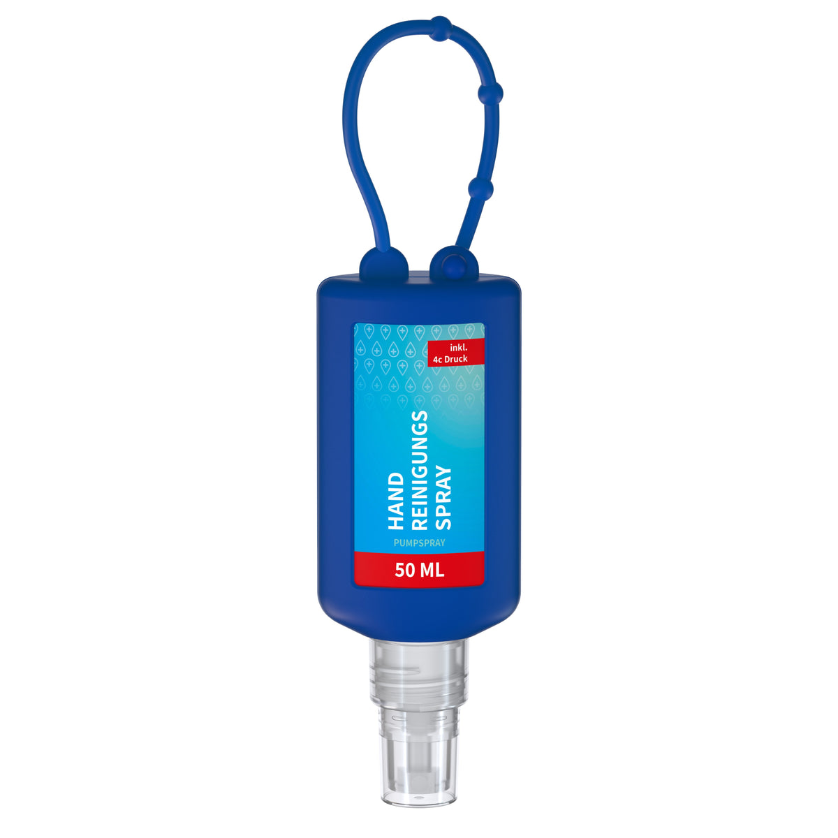 Handreinigungsspray 50 ml Flasche mit Silikonhülle zum Anhängen – Blau