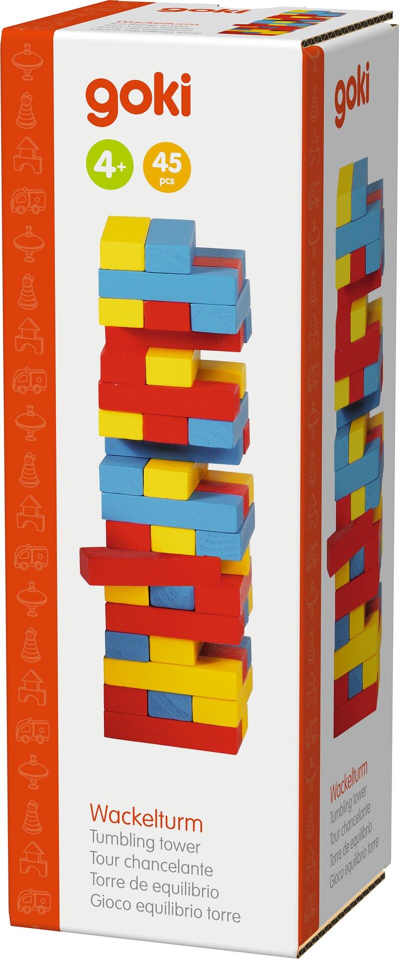 Kleiner Wackelturm mit 45 Steinen in Rot, Blau und Gelb – Detail