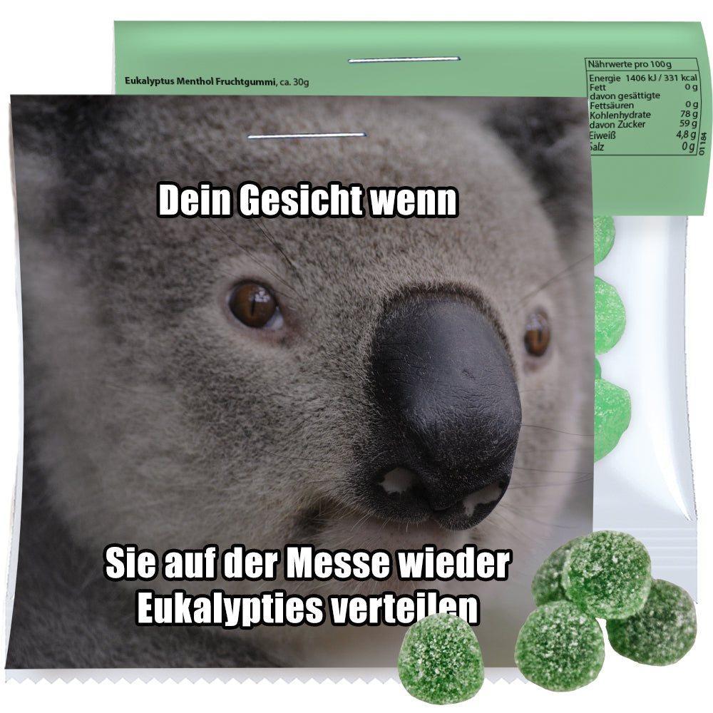 Knabbertüte in der Maxi Tüte mit Werbereiter – Eukalyptus Menthol Fruchtgummi mit Gelatine, ca. 30 g