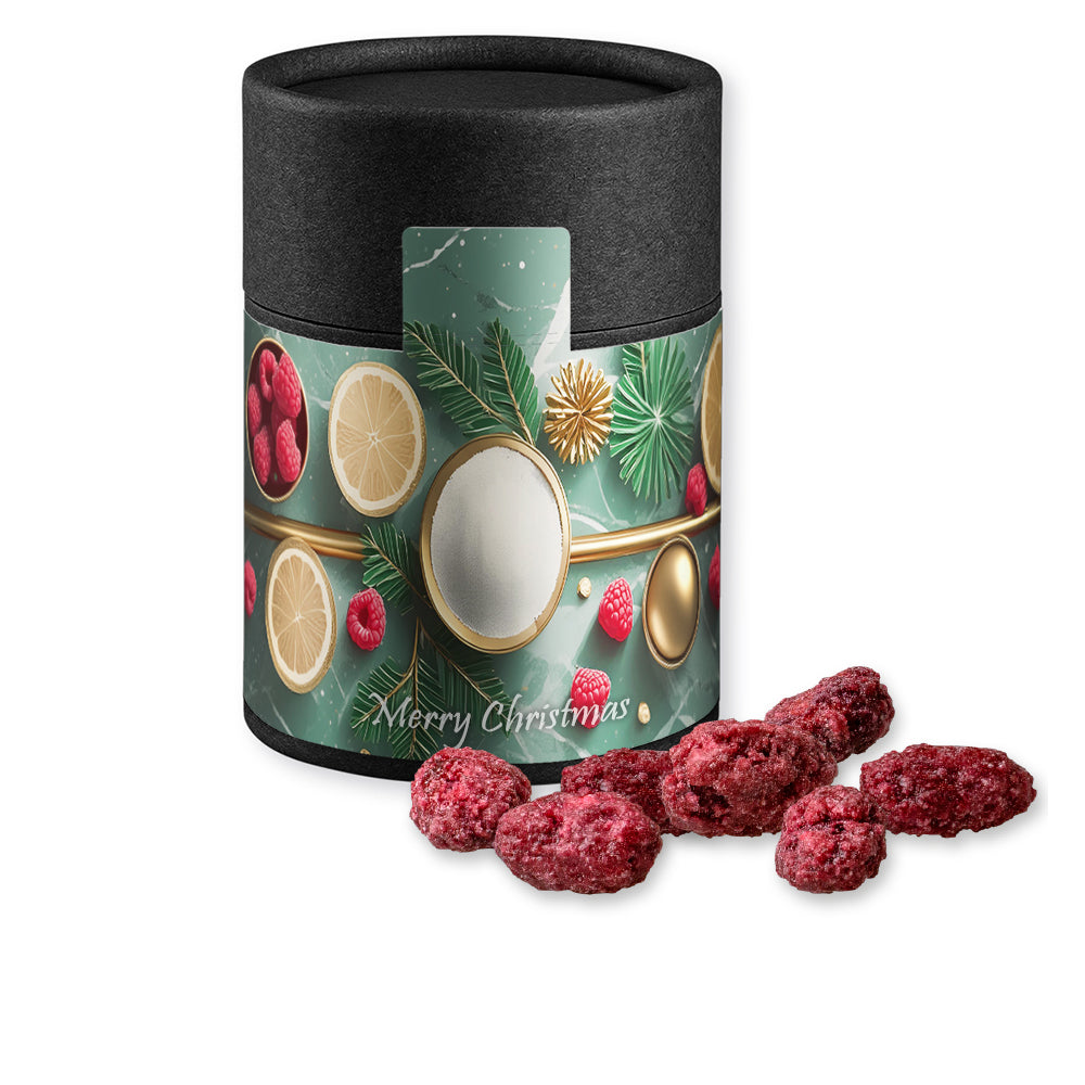 Knusperkugeln und Mandeln in der schwarzen Dose – Gebrannte Mandeln Himbeere, ca. 80 g