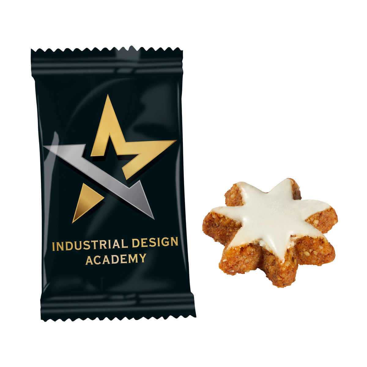 Zimtstern mit Zuckerguss im Werbetütchen mit Firmenlogo
