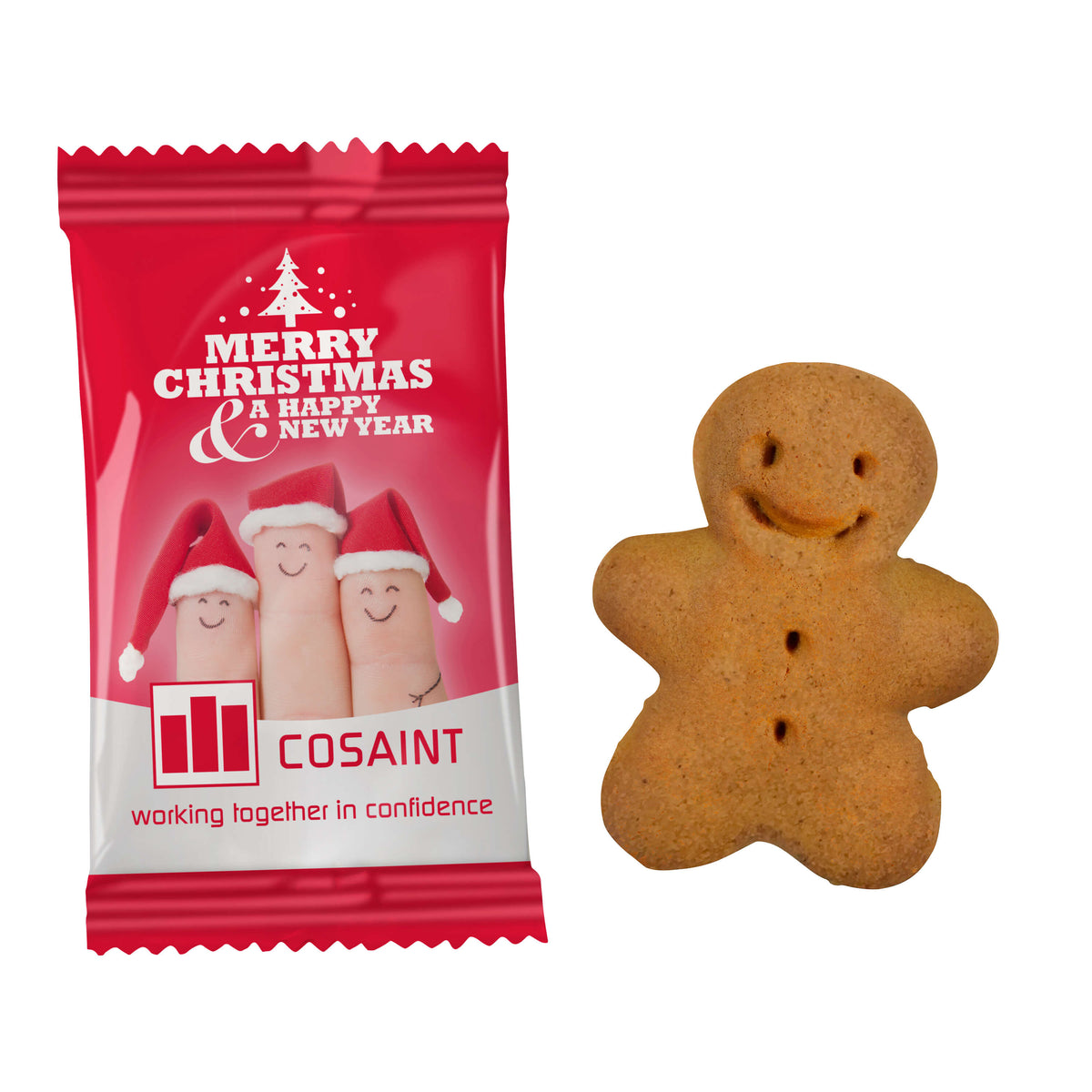 Lebkuchenmännchen im schmalen Werbetütchen mit Logodruck