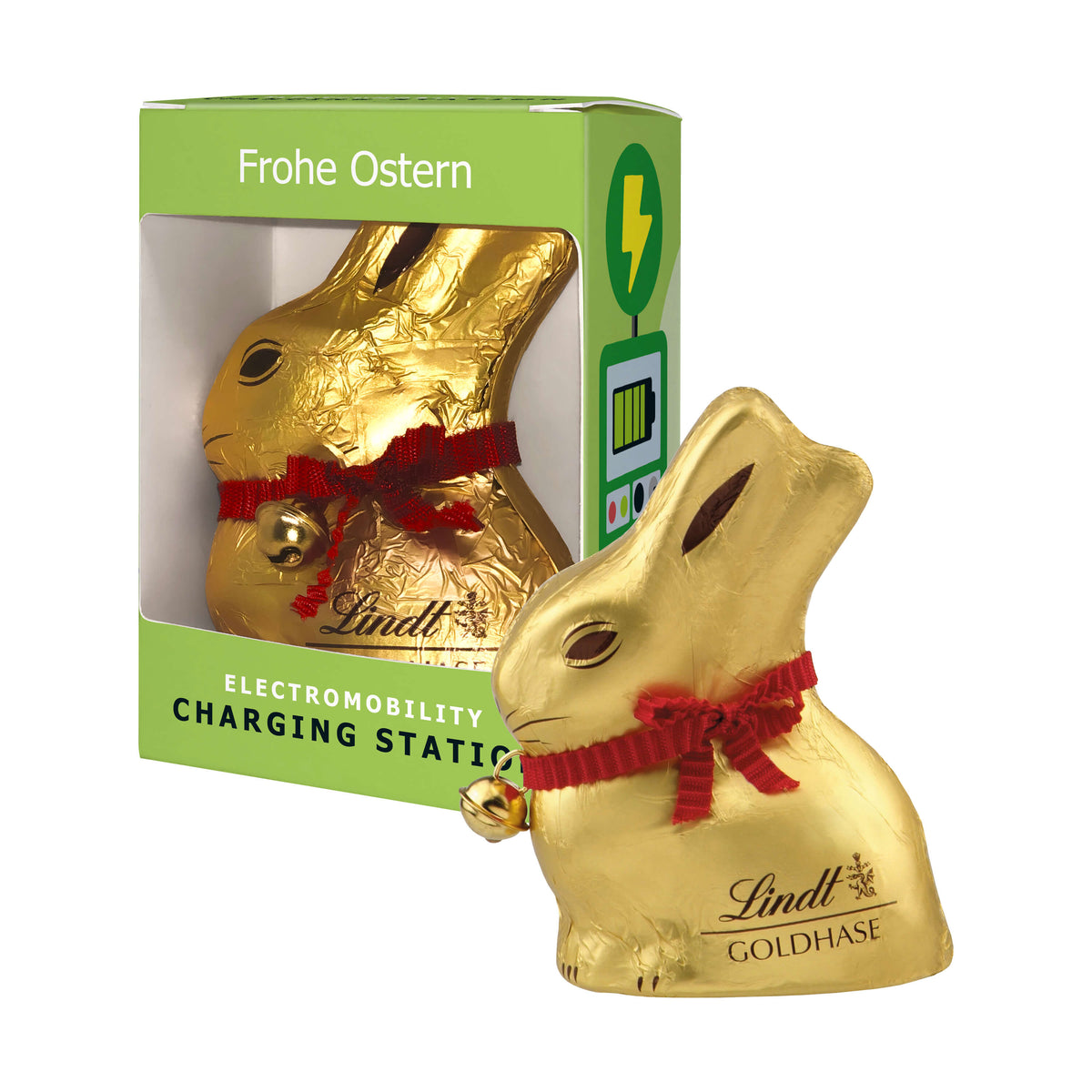 Lindt Goldhase in bedruckter Werbebox mit Sichtfenster