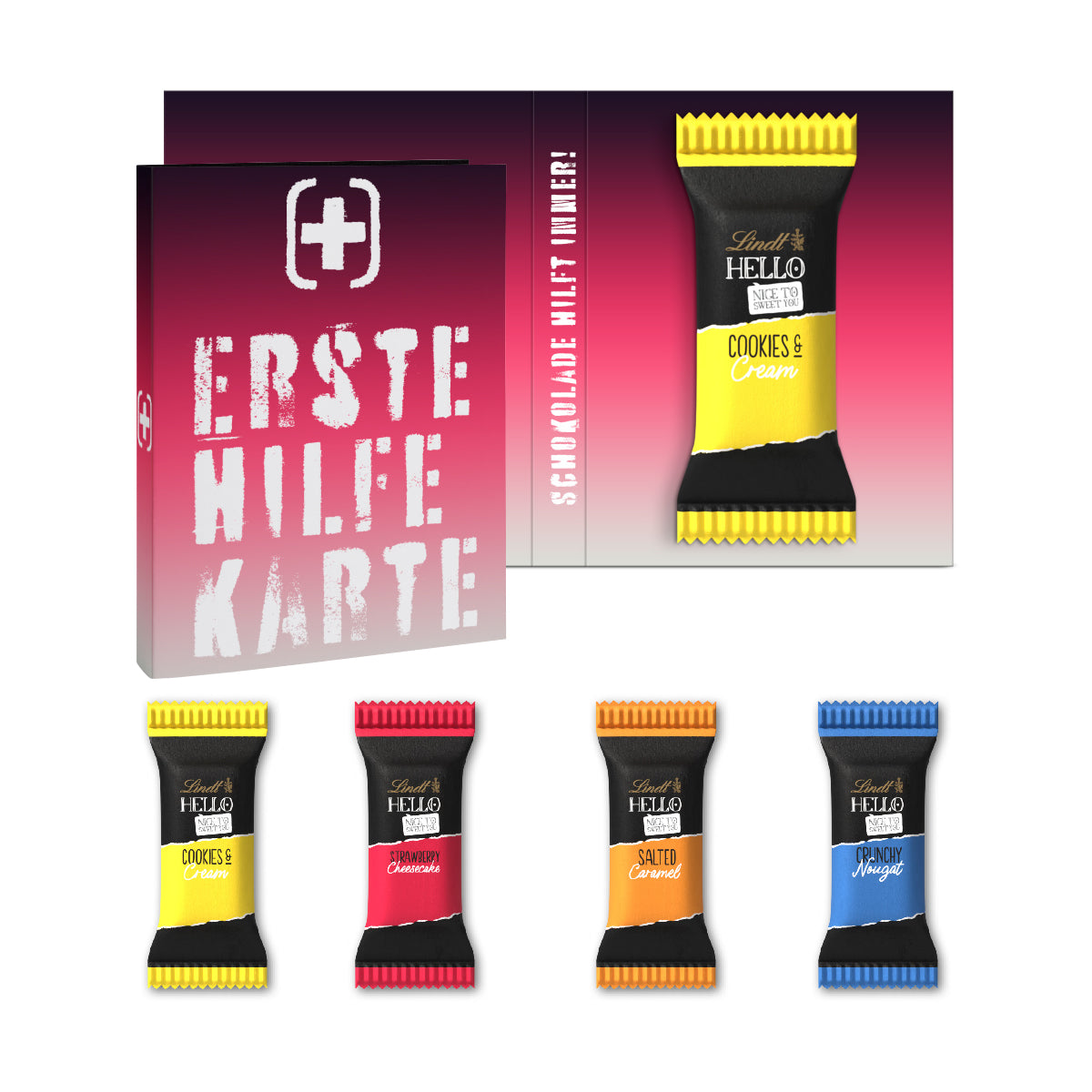 Lindt HELLO Mini Stick in aufgeklappter Werbeklappkarte