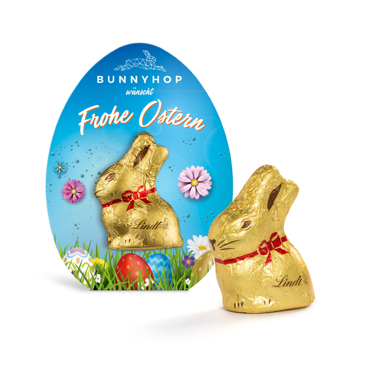 Lindt Mini Goldhase in Osterei Klemmkartonage, bedruckt