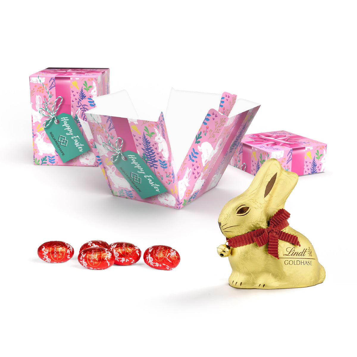 Lindt Oster Überraschung Kartonage mit Schokohase und Lindor Ostereiern, bedruckt