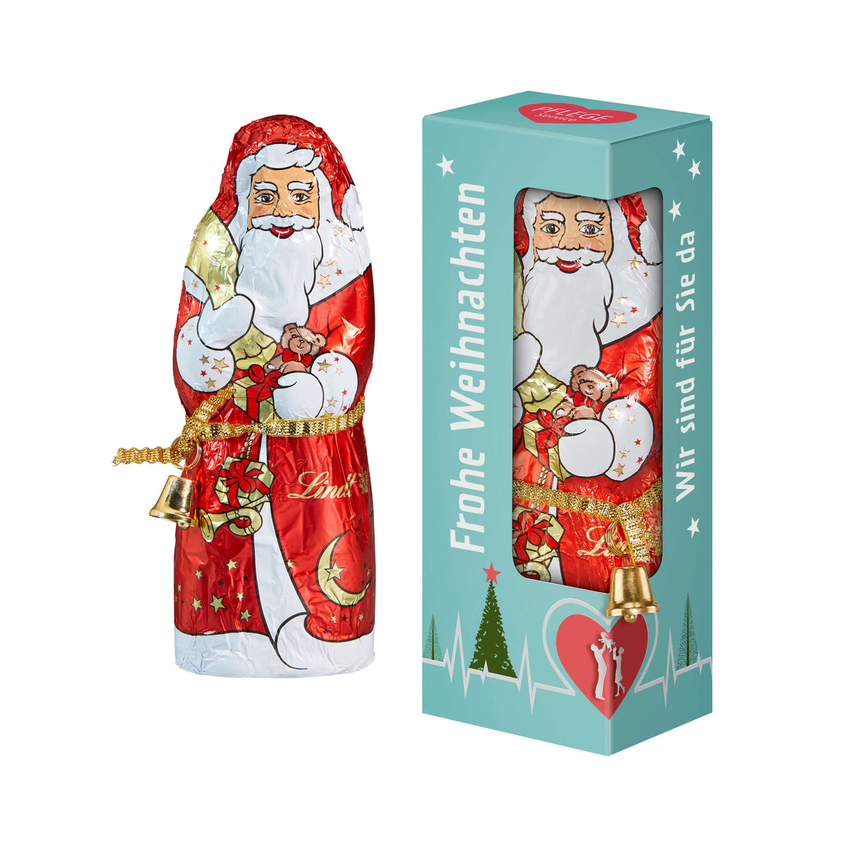 Lindt Weihnachtsmann in bedruckter Werbebox mit Sichtfenster