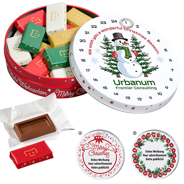 Runder Magnetdosen Adventskalender mit bedrucktem Deckel und Magnetring