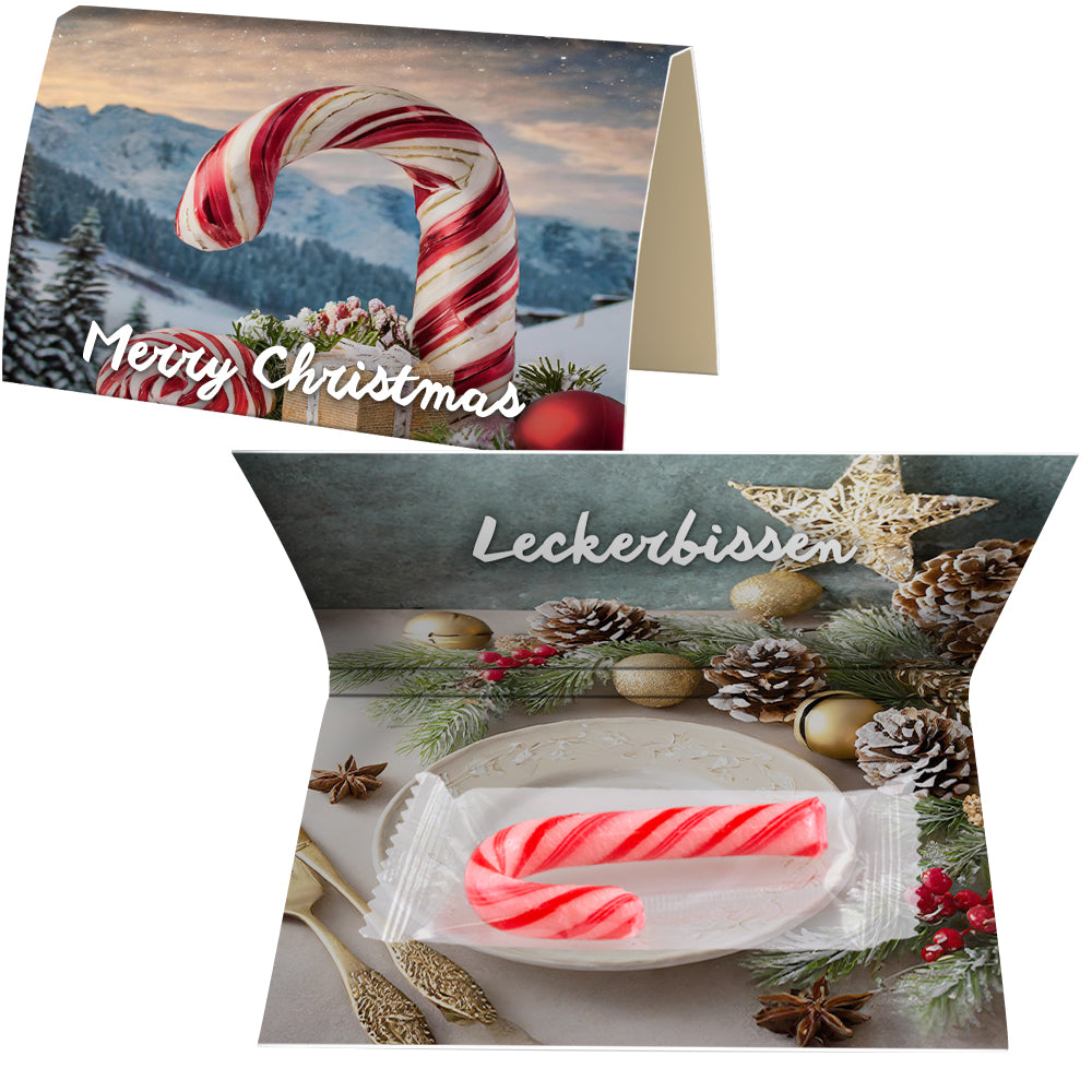 Marzipanherzen und Zuckerstange in der Werbekarte – Zuckerstange, ca. 5 g