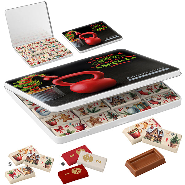MAXI Dekordose Adventskalender mit personalisierter Vorderseite und Schokoladen Naps