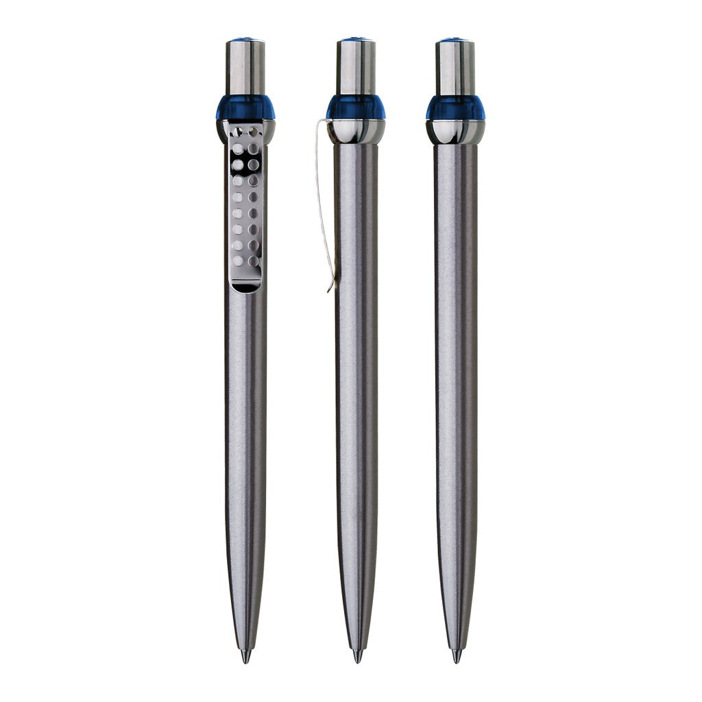 Metall Druckkugelschreiber mit gelochtem Clip – Blau