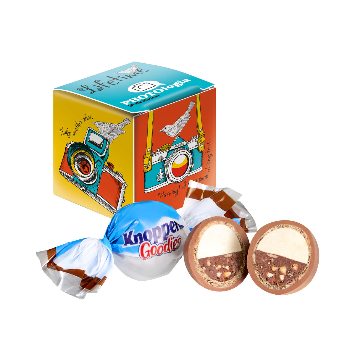 Weißer Mini Würfel mit Knoppers Goodie und bedruckten Seiten