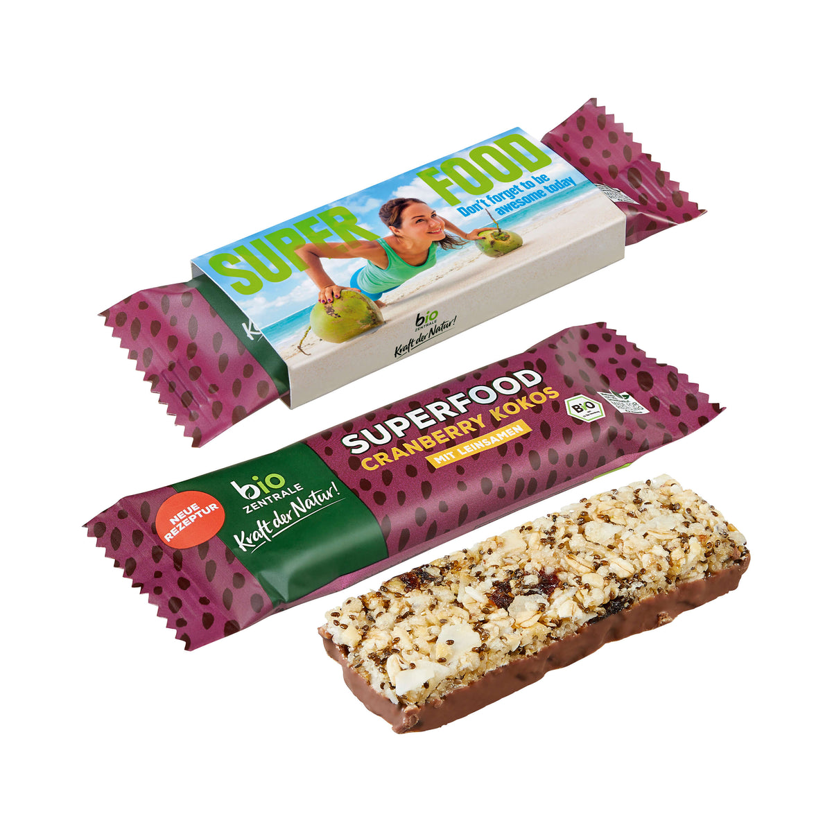 Müsliriegel Cranberry und Kokos im bedruckten Kartonschuber
