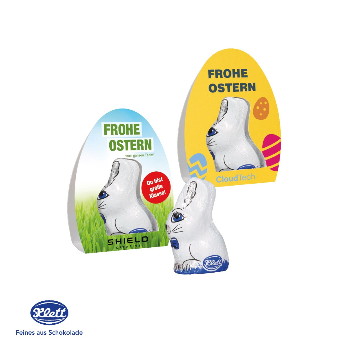 Schmale Werbeverpackung aus Karton für einen kleinen Schokoladenhasen