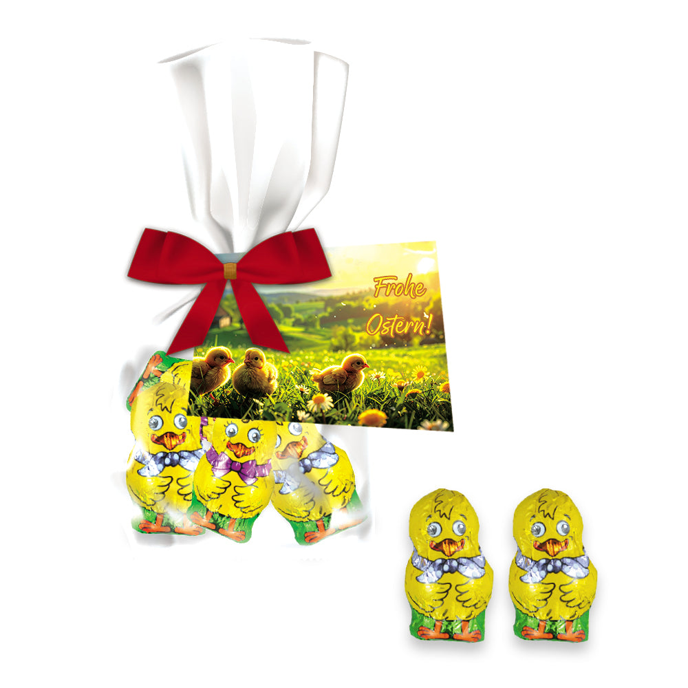 Osterschokolade im Flachbeutel mit Werbekarte – Schoko Küken Mix, ca. 24 g
