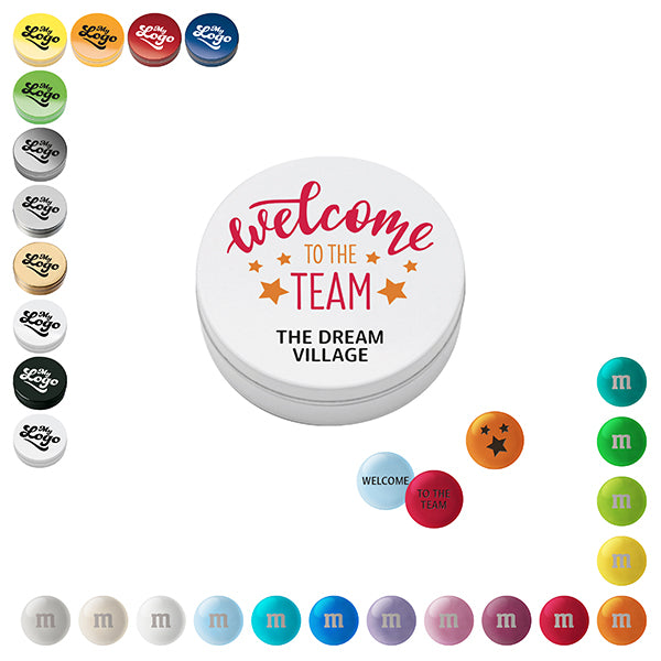 Runde Metalldose mit Logo auf dem Deckel und personalisierten M&M’S
