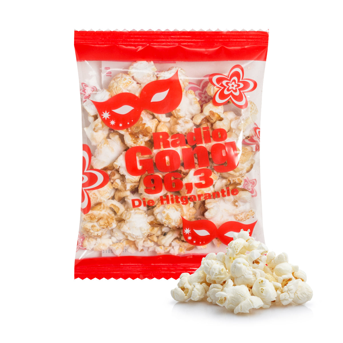 Süßes Popcorn im großen bedruckten Werbetütchen