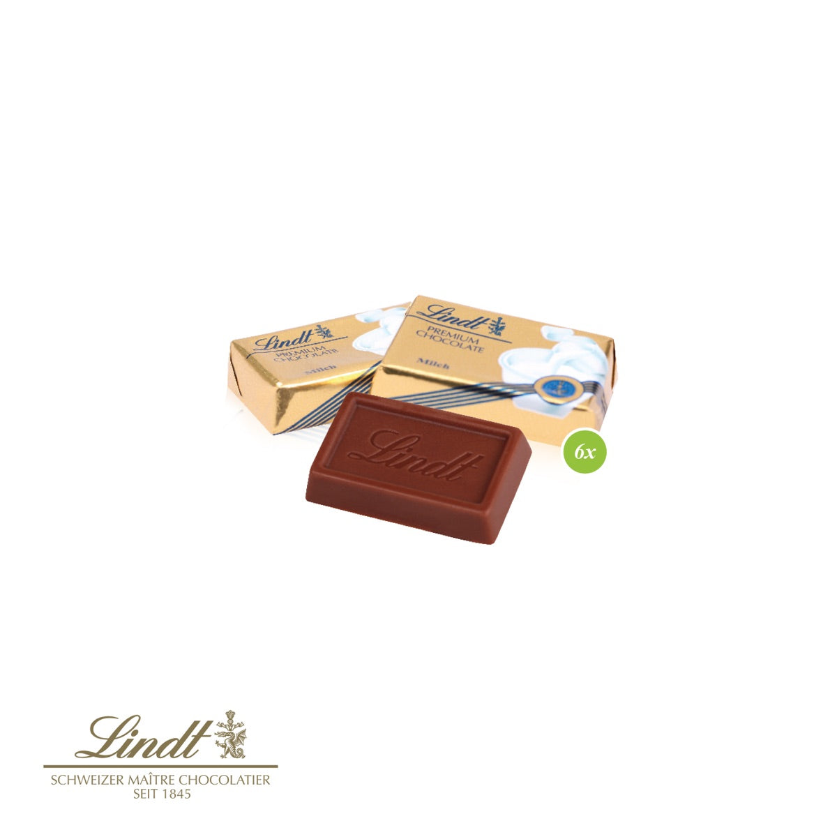 Blick in die Box auf sechs Lindt Schokotäfelchen