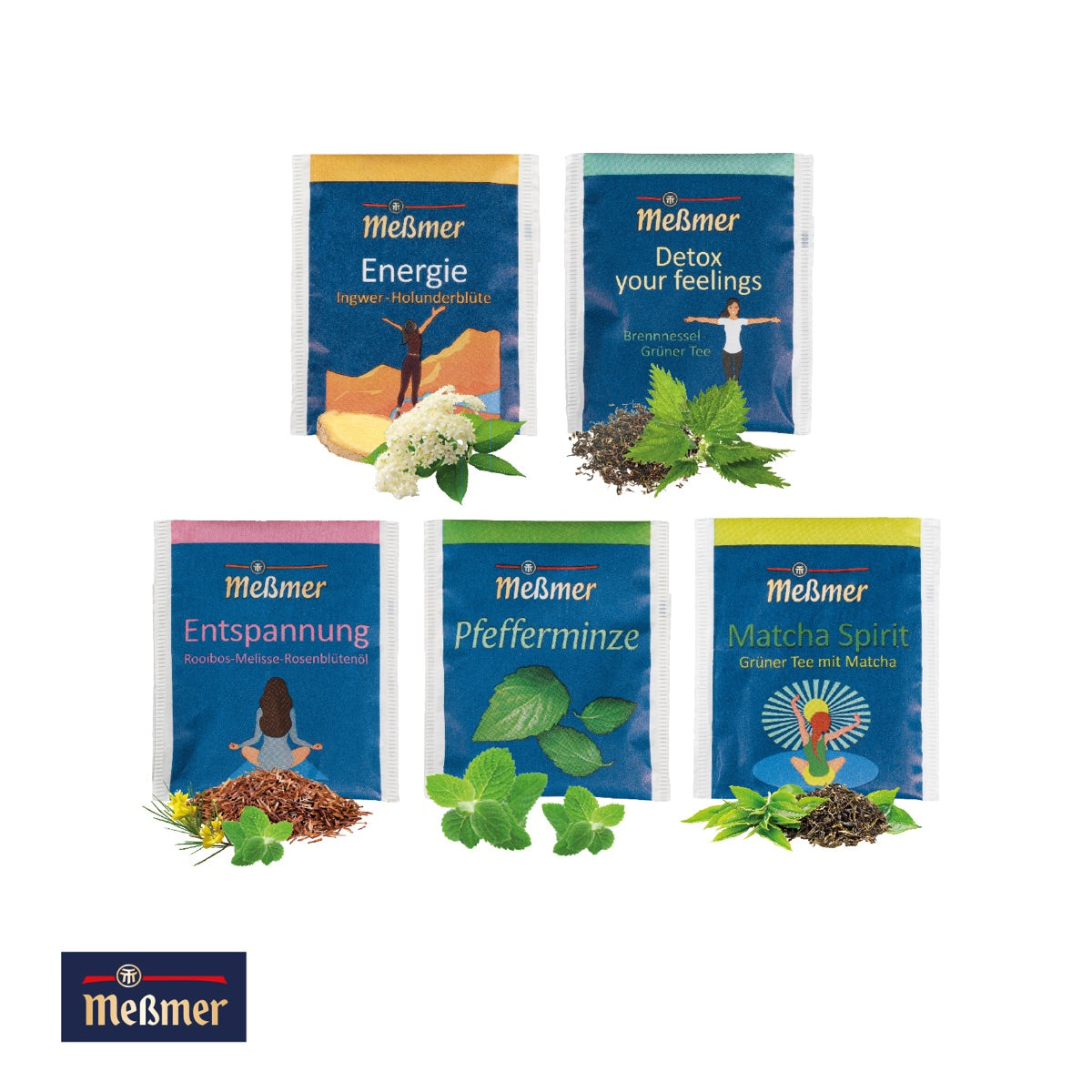 Geöffnete Werbebox mit fünf Teebeuteln von Meßmer