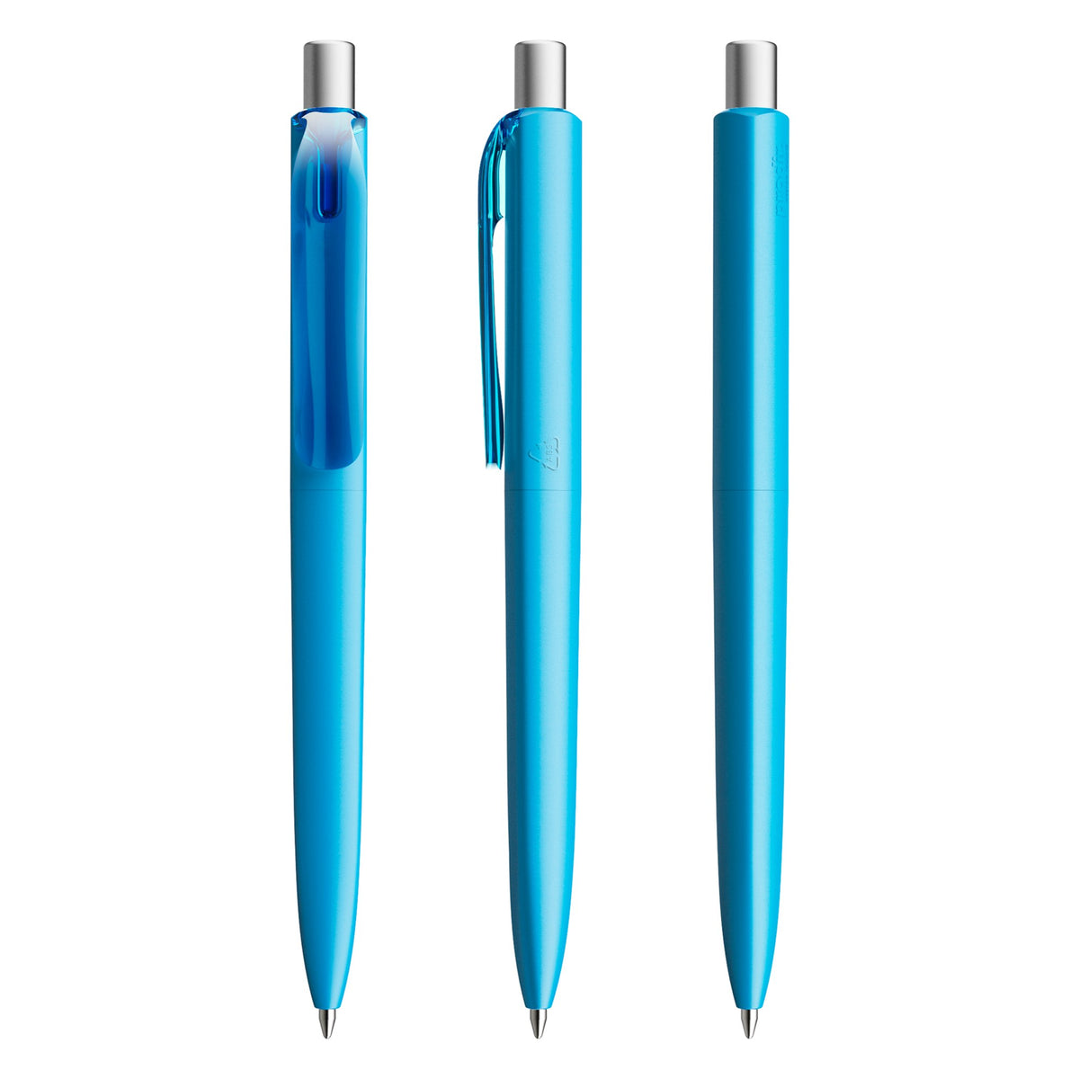 prodir DS8 Druckkugelschreiber matt mit transparentem Clip – Cyanblau / Silber satiniert M58 S