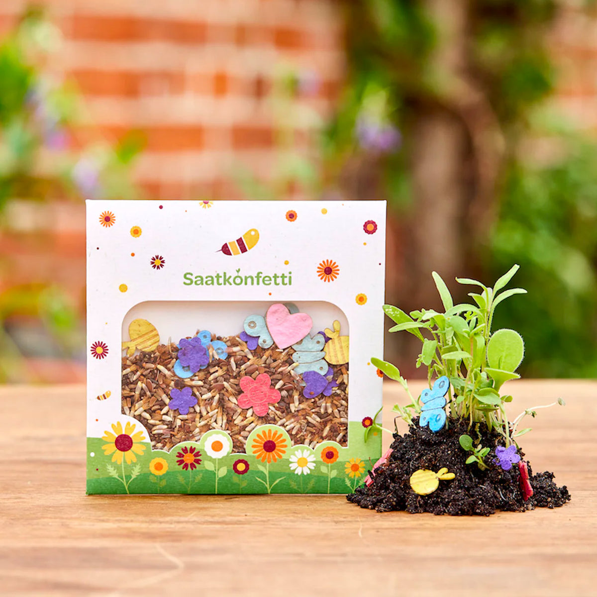Etuifaltschachtel mit 5g Wildblumensaatgut und 10 Saatpapiermotiven mit eigenen Firmendruck