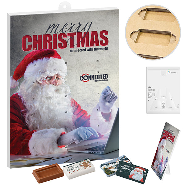 Adventskalender im Hochformat mit Schokoladen Naps im Papiereinschlag