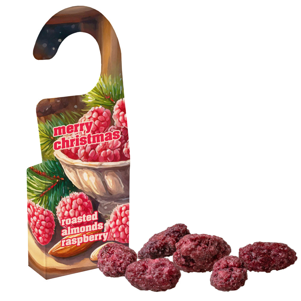 Schokolade und Mandeln in der Türhänger Box – Gebrannte Mandeln Himbeere, ca. 15 g
