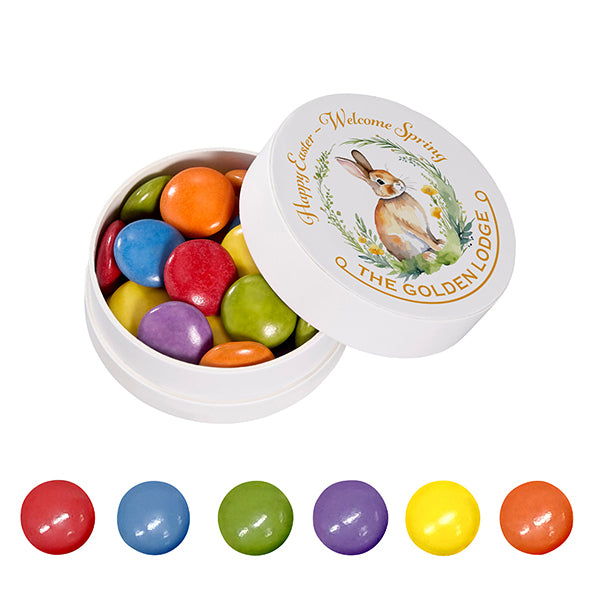 Weiße XS Papierdose mit bunten Schokolinsen und Logo auf dem Deckel
