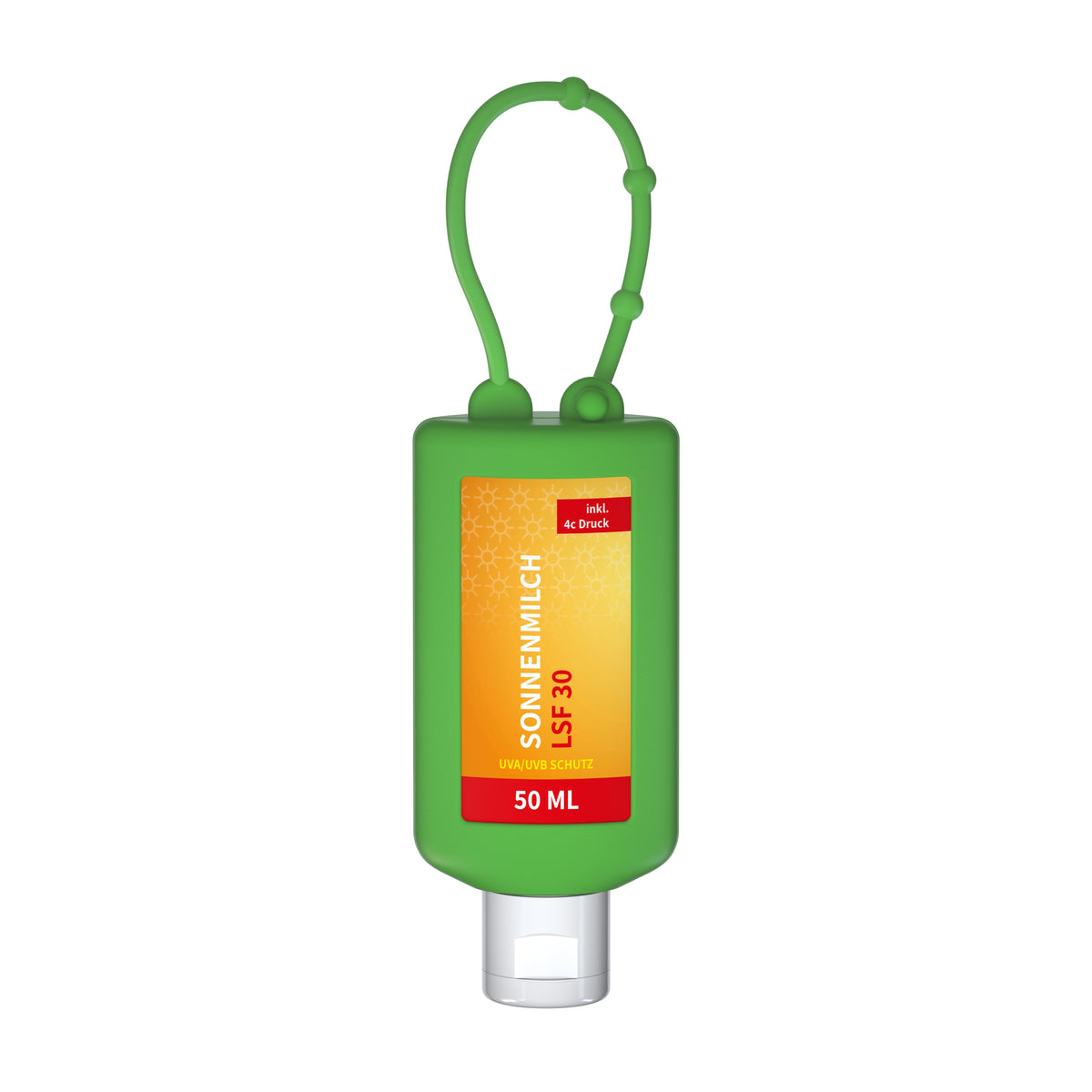 Sonnenmilch LSF 30 50 ml Anhängeflasche mit Silikonhülle – Grün
