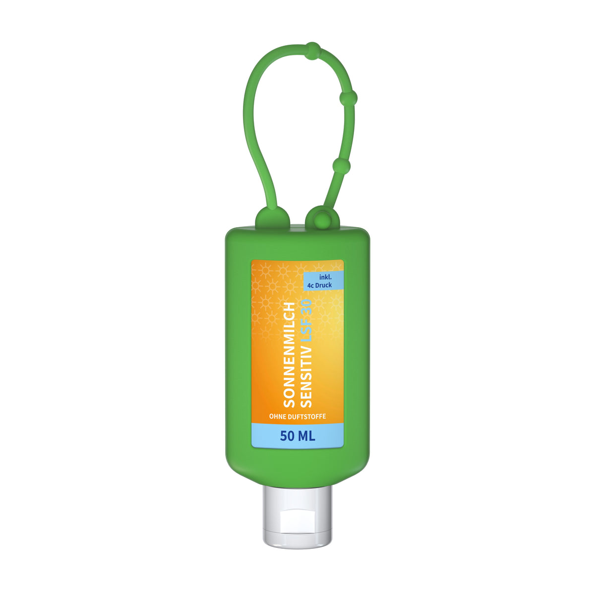 Sonnenmilch sensitiv LSF 30 50 ml Anhängeflasche mit Silikonhülle – Grün