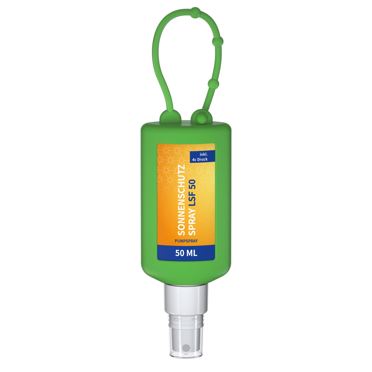 Sonnenschutzspray LSF 50 50 ml Flasche mit Anhängeschlaufe – Grün