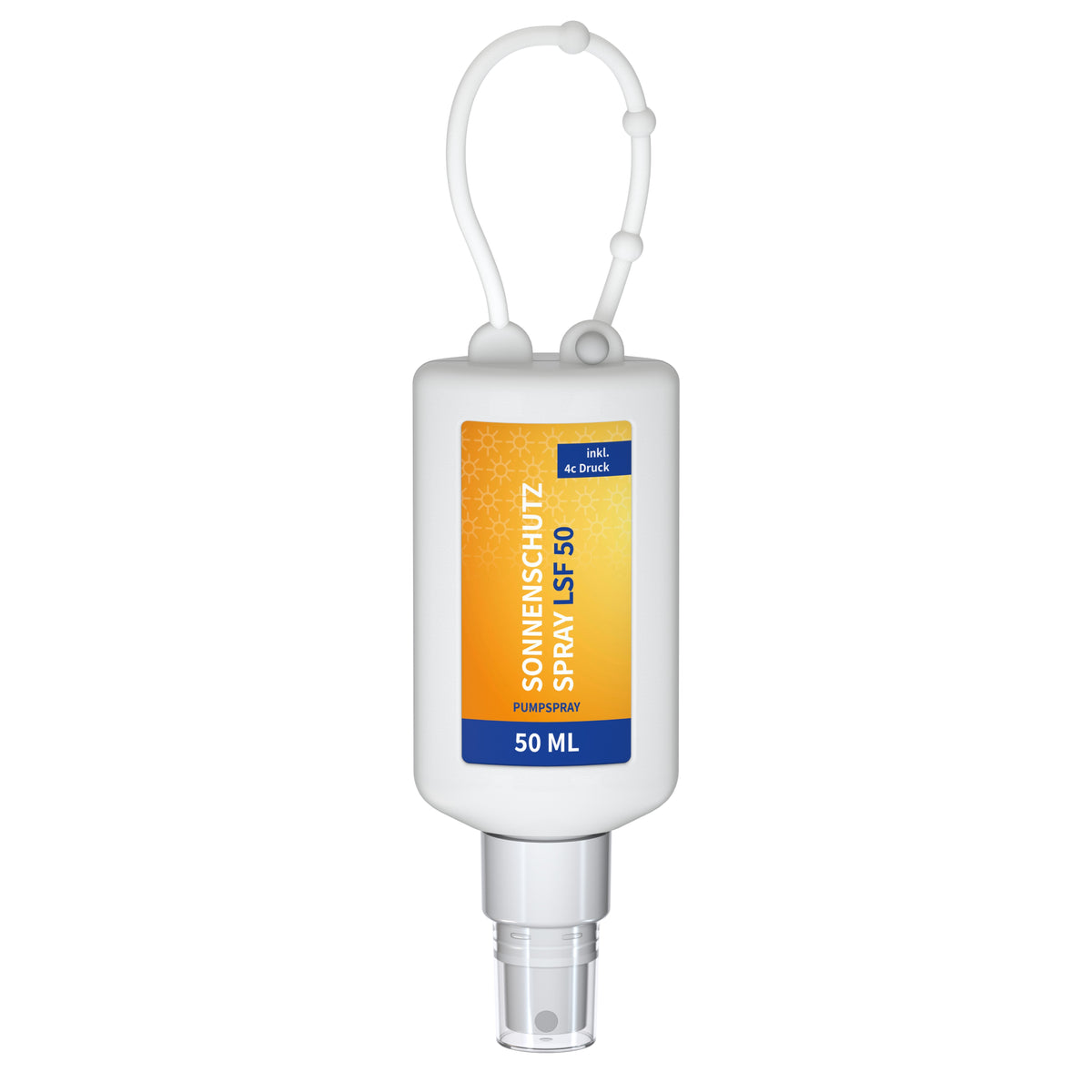 Sonnenschutzspray LSF 50 50 ml Flasche mit Anhängeschlaufe – Weiß