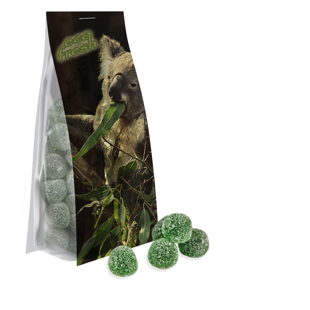 Süßigkeiten im Standbeutel mit Werbereiter – Eukalyptus Menthol Fruchtgummi mit Gelatine, ca. 40 g