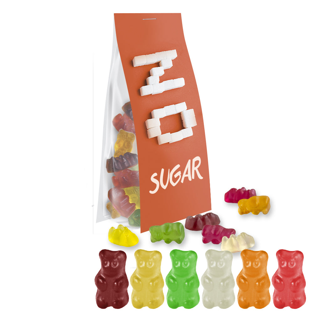 Süßigkeiten im Standbeutel mit Werbereiter – Gummibärchen zuckerfrei, ca. 40 g