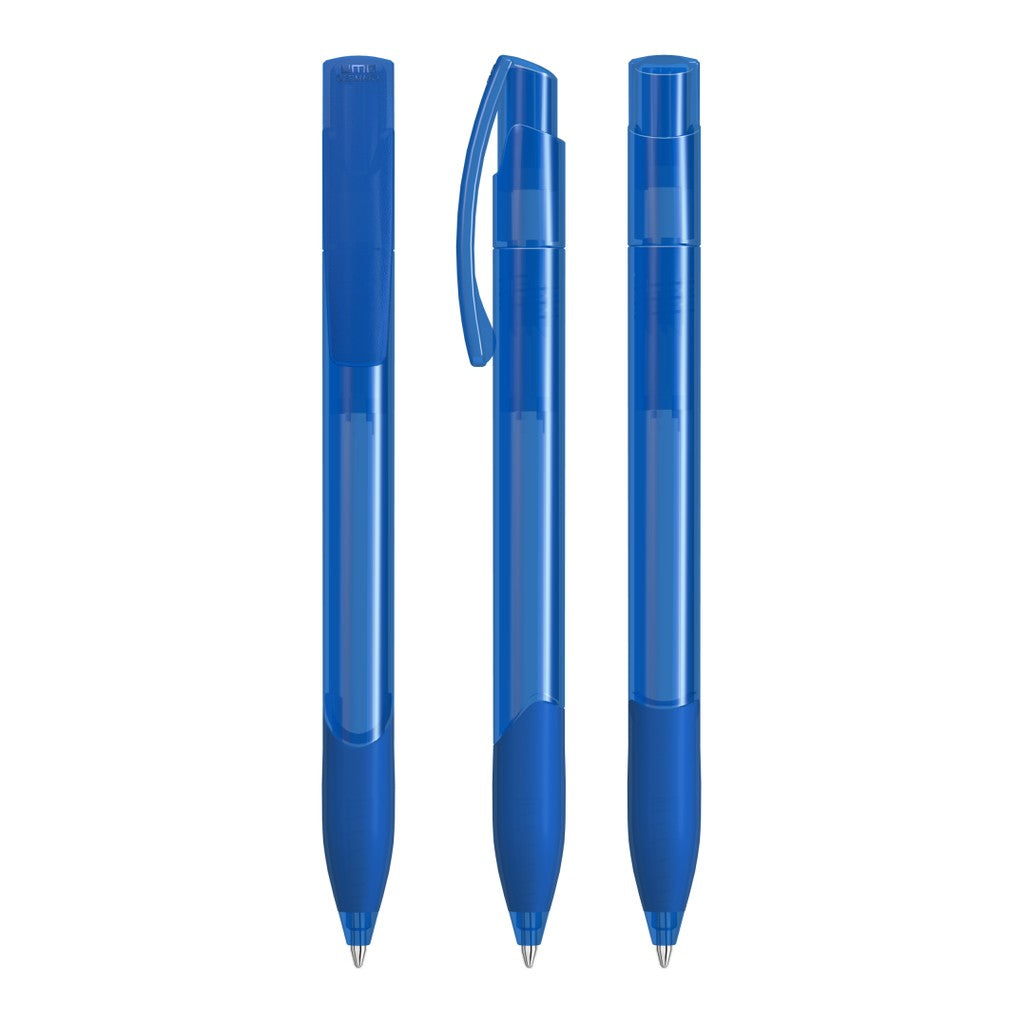 Transparenter Druckkugelschreiber mit Gummigriffzone – Blau