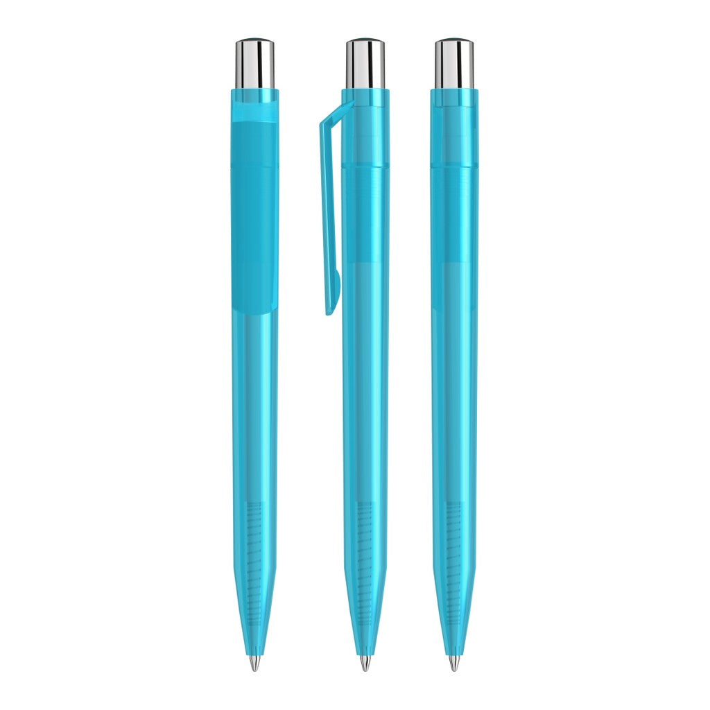 Transparenter Druckkugelschreiber mit Silberdrücker – Cyan