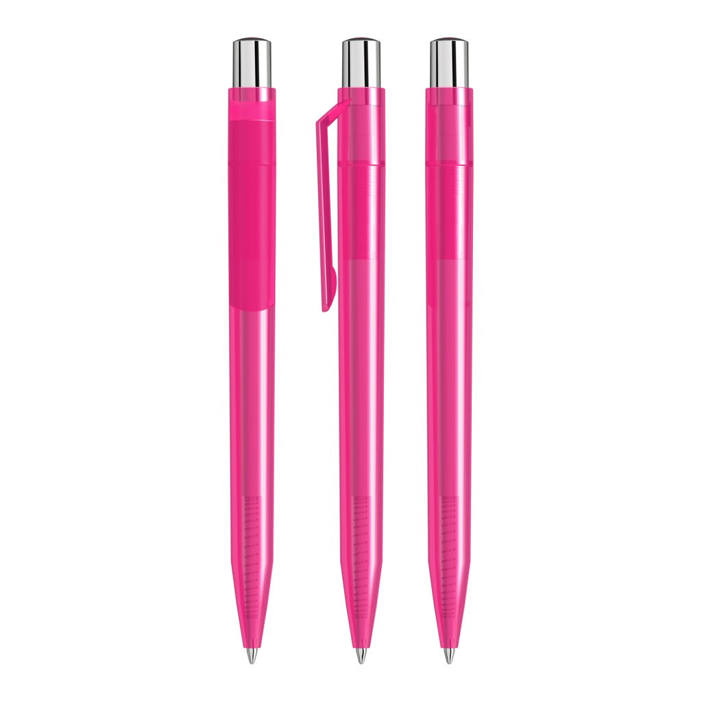 Transparenter Druckkugelschreiber mit Silberdrücker – Magenta
