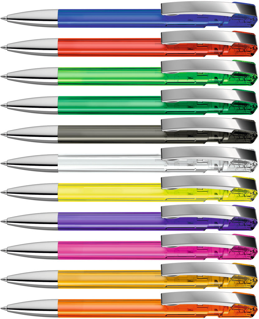 Transparenter Kugelschreiber mit Metallspitze – alle Farben