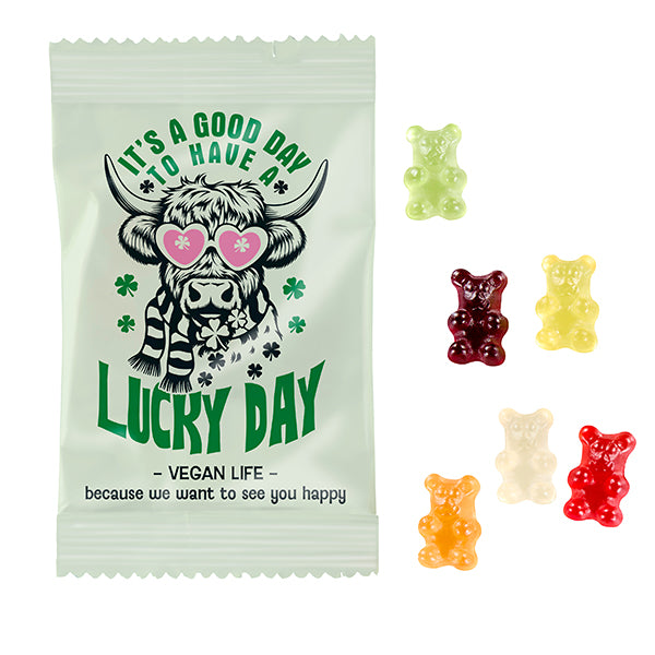 Vegane Fruchtgummi im hohen Werbetütchen 100 x 60 mm mit Logo