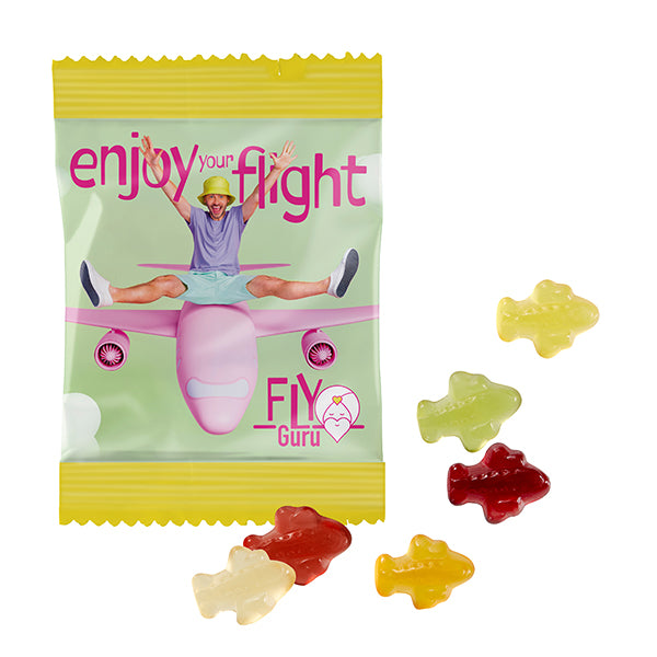 Vegane Fruchtgummi im bedruckten Werbetütchen 85 x 60 mm, Ansicht vorne