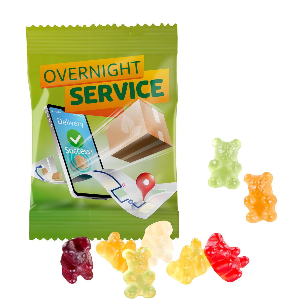 Weißes Werbetütchen mit Vierfarbdruck und bunten Bärchen ohne Gelatine