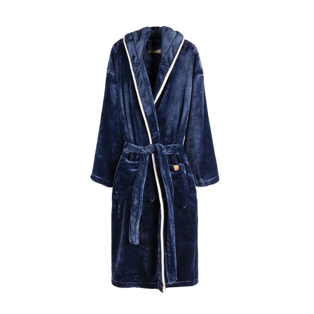 VINGA Louis Luxus Plüsch GRS rPET Bademantel Größe S/M – navy blau