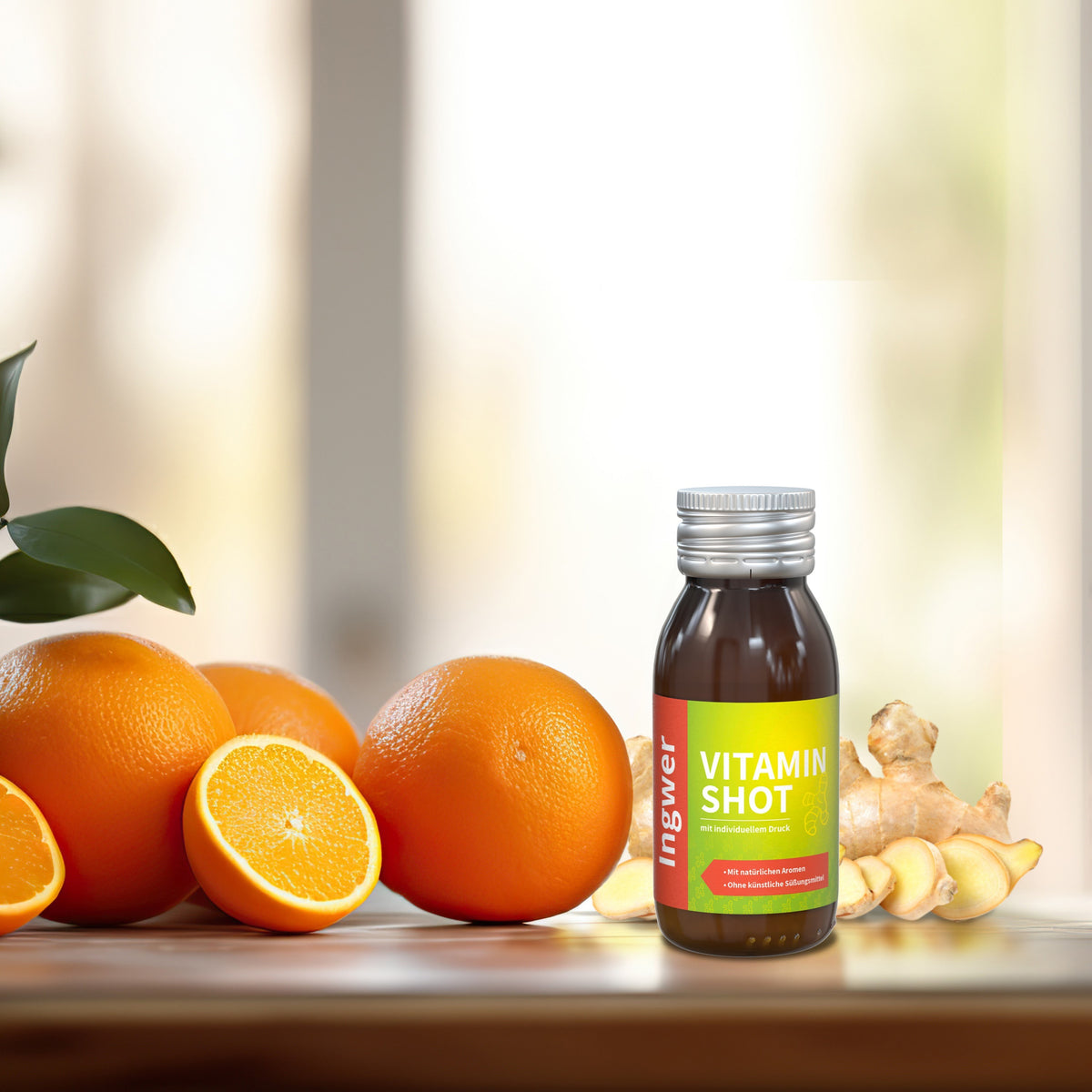 Vitamin Shot Orange Ingwer 60 ml Flasche aus Glas mit Etikett