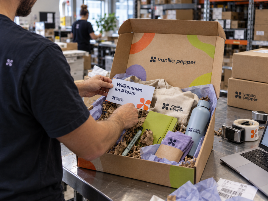 Im Lager wird eine Onboarding Box mit Karte, Notizbuch und Flasche gepackt