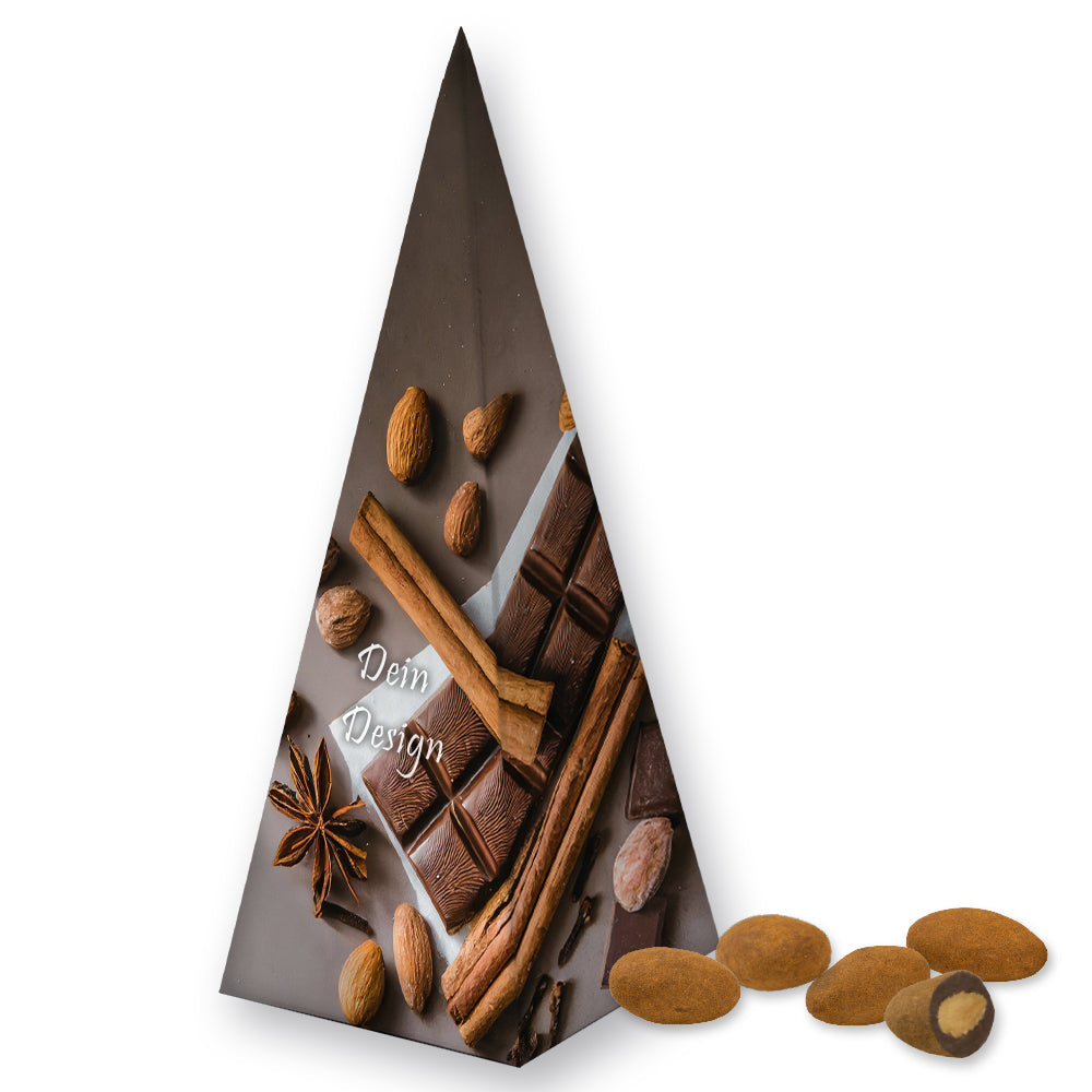 Weihnachtspyramide mit Marzipansternen und Mandeln – Schokomandeln mit Zimt, ca. 30 g