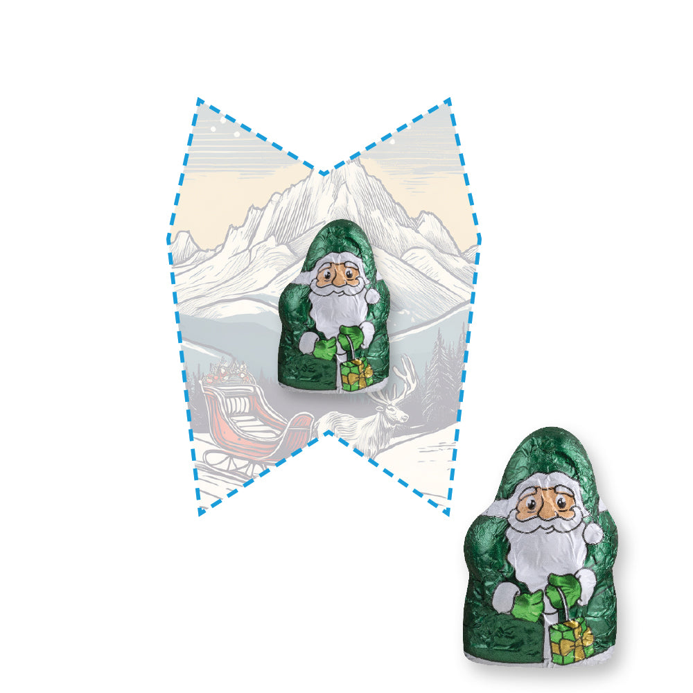 Weihnachtsschokolade auf der Flyerkarte in eigener Form – Mini Schoko Weihnachtsmänner mit Hirse und Haselnuss, ca. 7 g