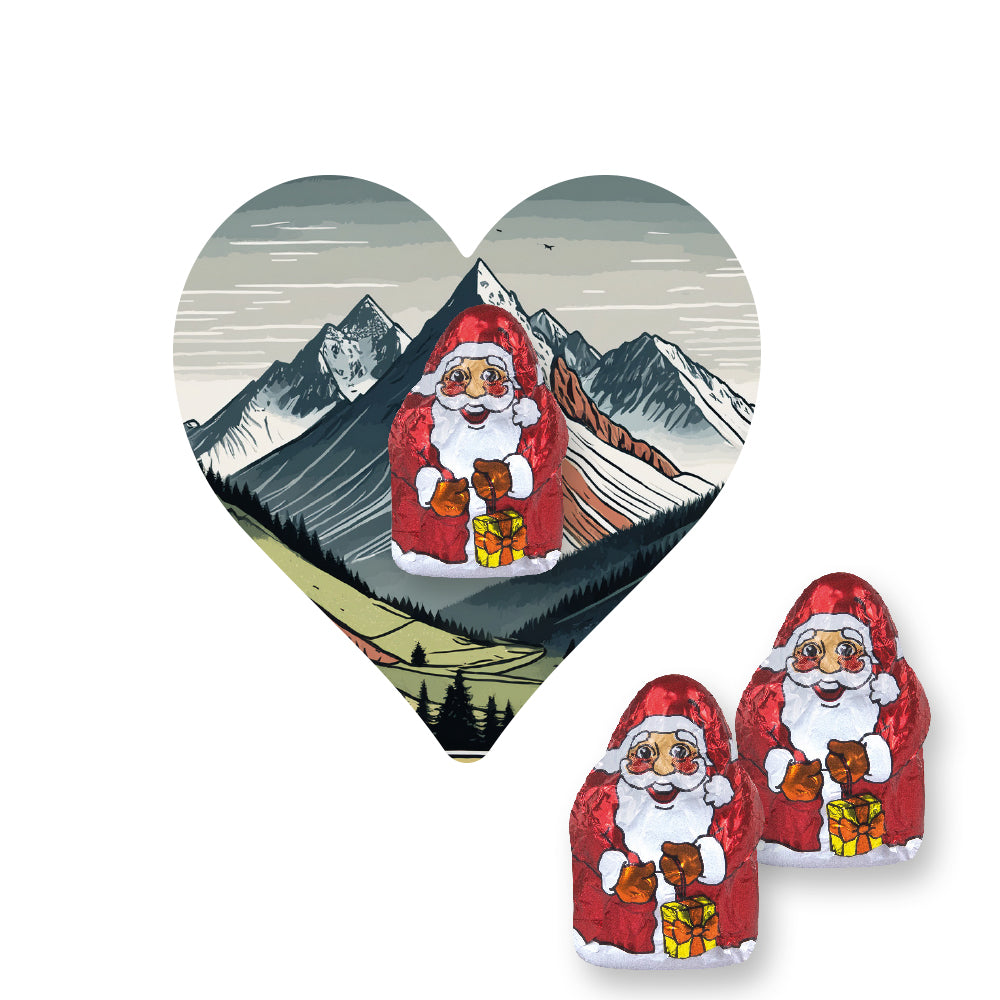 Weihnachtsschokolade auf der herzförmigen Flyerkarte – Mini Schoko Weihnachtsmänner, ca. 7 g