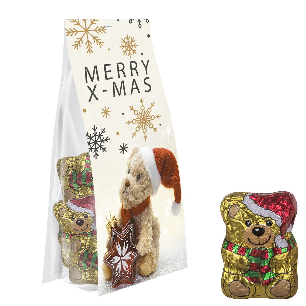 Weihnachtsschokolade im Standbeutel mit Werbereiter – Schoko Weihnachtsbärchen, ca. 40 g