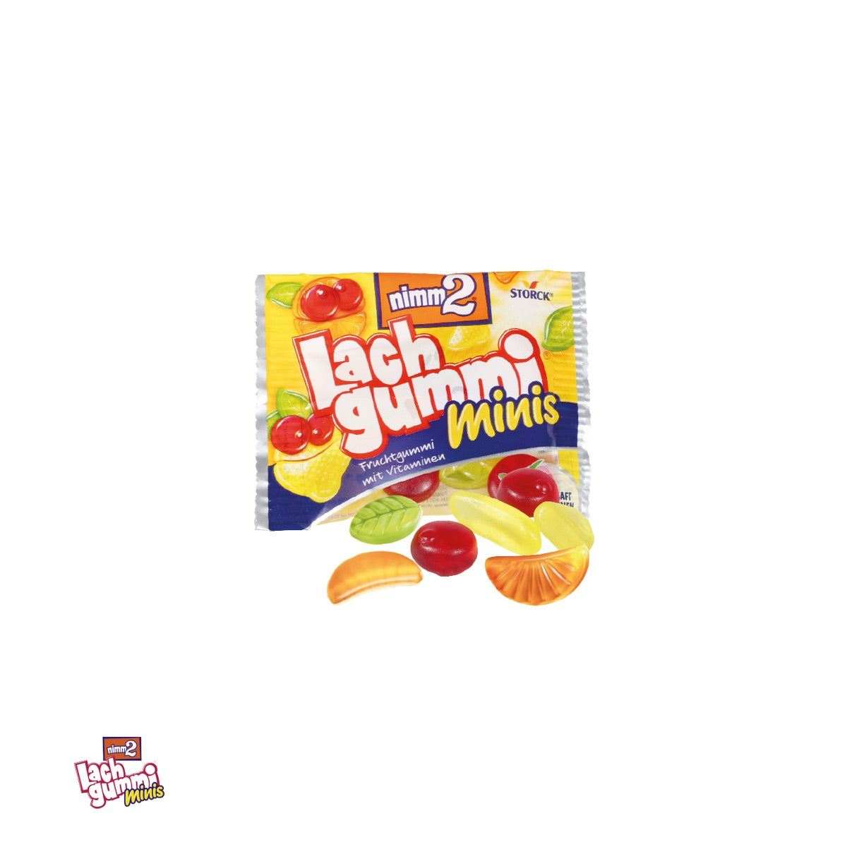 Aufgeklappte Karte mit einem Tütchen nimm2 Lachgummi minis
